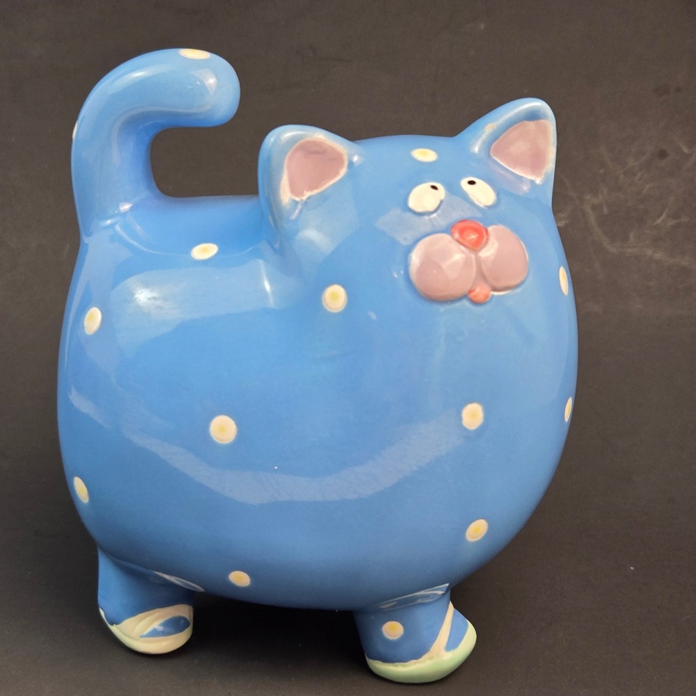 Fitz & Floyd Fantasy Fair Kathy Cat Blue Polka Dot Ceramic Bookend Vintage